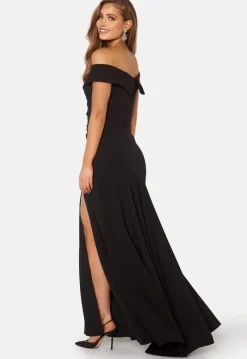 Goddiva Bardot Pleat Maxi Split Dress