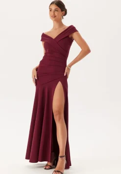 Goddiva Bardot Pleat Maxi Split Dress