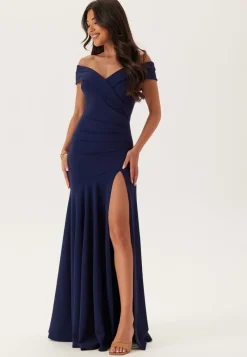 Goddiva Bardot Pleat Maxi Split Dress