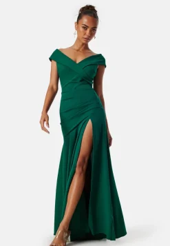 Goddiva Bardot Pleat Maxi Split Dress
