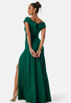 Goddiva Bardot Pleat Maxi Split Dress