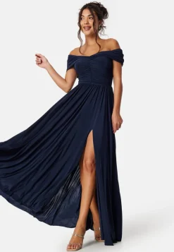Goddiva Bardot Rouched Maxi Split Dress