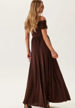 Goddiva Bardot Rouched Maxi Split Dress