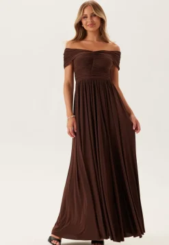 Goddiva Bardot Rouched Maxi Split Dress
