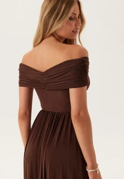 Goddiva Bardot Rouched Maxi Split Dress