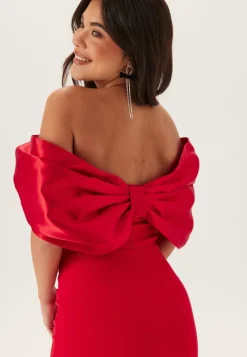 Goddiva Bardot Satin Bow Back Maxi Dress
