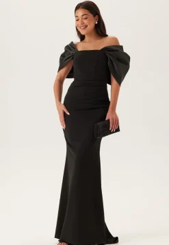 Goddiva Bardot Satin Bow Back Maxi Dress