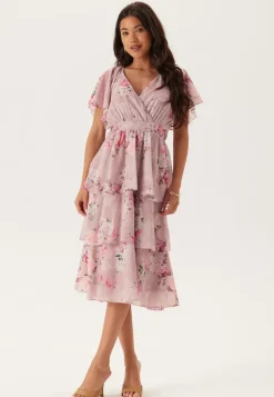 Goddiva Floral Flutter Tiered Midi Dress