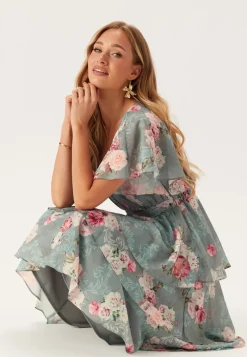 Goddiva Floral Flutter Tiered Midi Dress