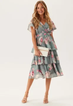 Goddiva Floral Flutter Tiered Midi Dress