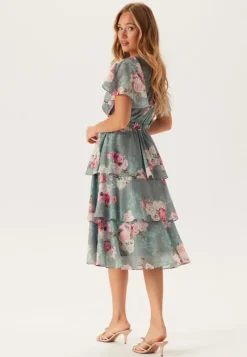 Goddiva Floral Flutter Tiered Midi Dress