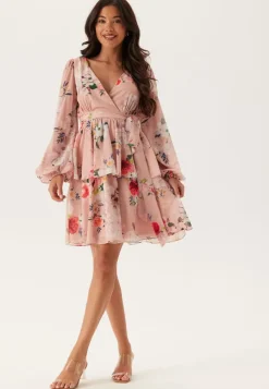 Goddiva Floral Long Sleeve Tiered Skater Dress