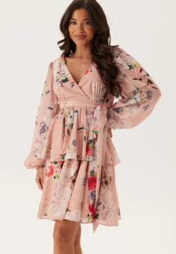 Goddiva Floral Long Sleeve Tiered Skater Dress