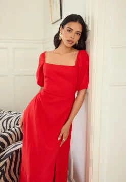 BUBBLEROOM Puff Sleeve Linen Blend Dress