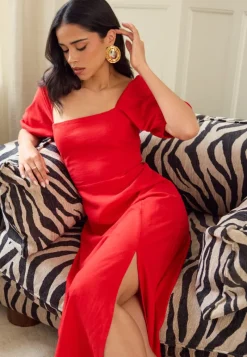 BUBBLEROOM Puff Sleeve Linen Blend Dress