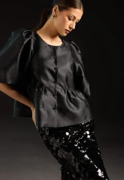 Bubbleroom Occasion Puff Sleeve Peplum Satin Blouse