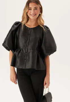 Bubbleroom Occasion Puff Sleeve Peplum Satin Blouse