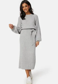 BUBBLEROOM Round Neck Rib Knitted Midi Dress