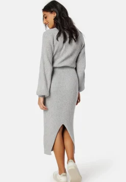 BUBBLEROOM Round Neck Rib Knitted Midi Dress