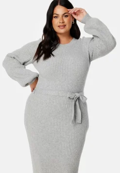 BUBBLEROOM Round Neck Rib Knitted Midi Dress