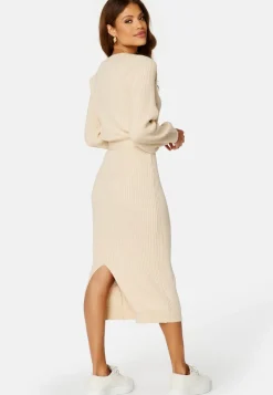 BUBBLEROOM Round Neck Rib Knitted Midi Dress