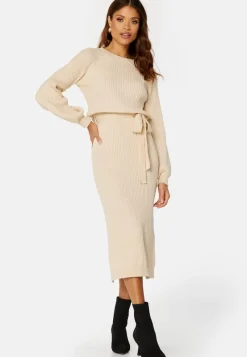 BUBBLEROOM Round Neck Rib Knitted Midi Dress