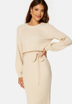 BUBBLEROOM Round Neck Rib Knitted Midi Dress