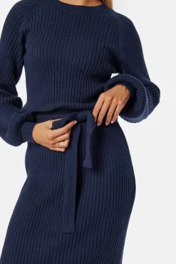 BUBBLEROOM Round Neck Rib Knitted Midi Dress