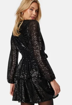 John Zack Sequin Deep V Ruffle Skater Dress