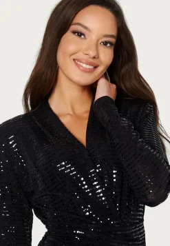 John Zack Sequin Long Sleeve Rouch Mini Dress